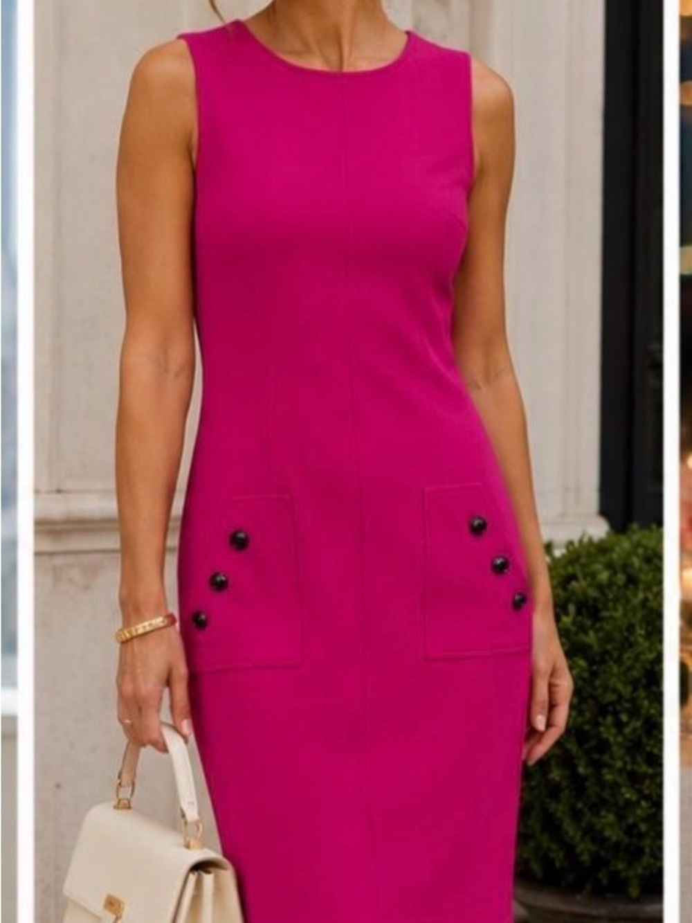 Etcetera Bright Fuchsia Sleeveless Sheath Dress with Pocket Buttons